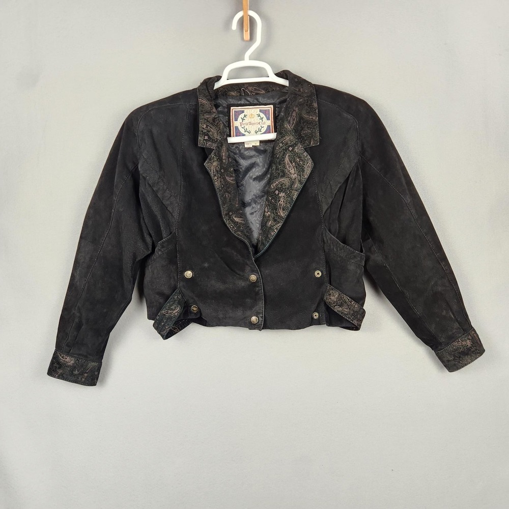 Vintage Paris Sport Club Jacket Womens Medium Black Paisley Leather Western 90s